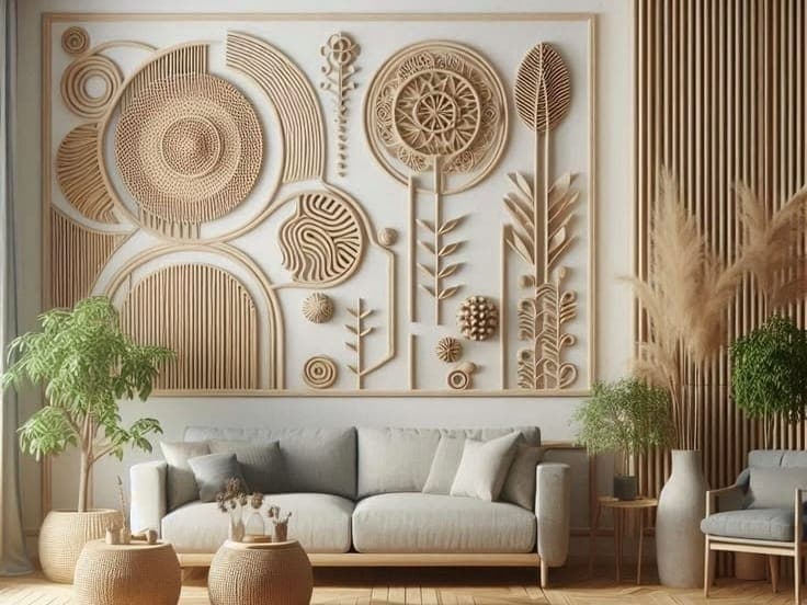 Hand-carved relief wall panel in cream, layered with circular and botanical motifs, behind a low sofa