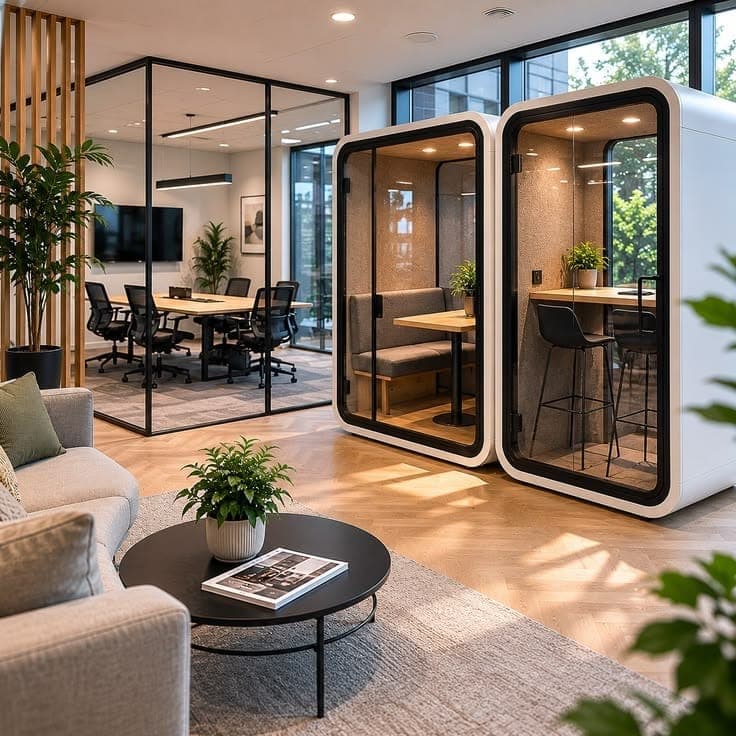 Commercial breakout lounge with acoustic phone booths, a glazed meeting room and soft seating