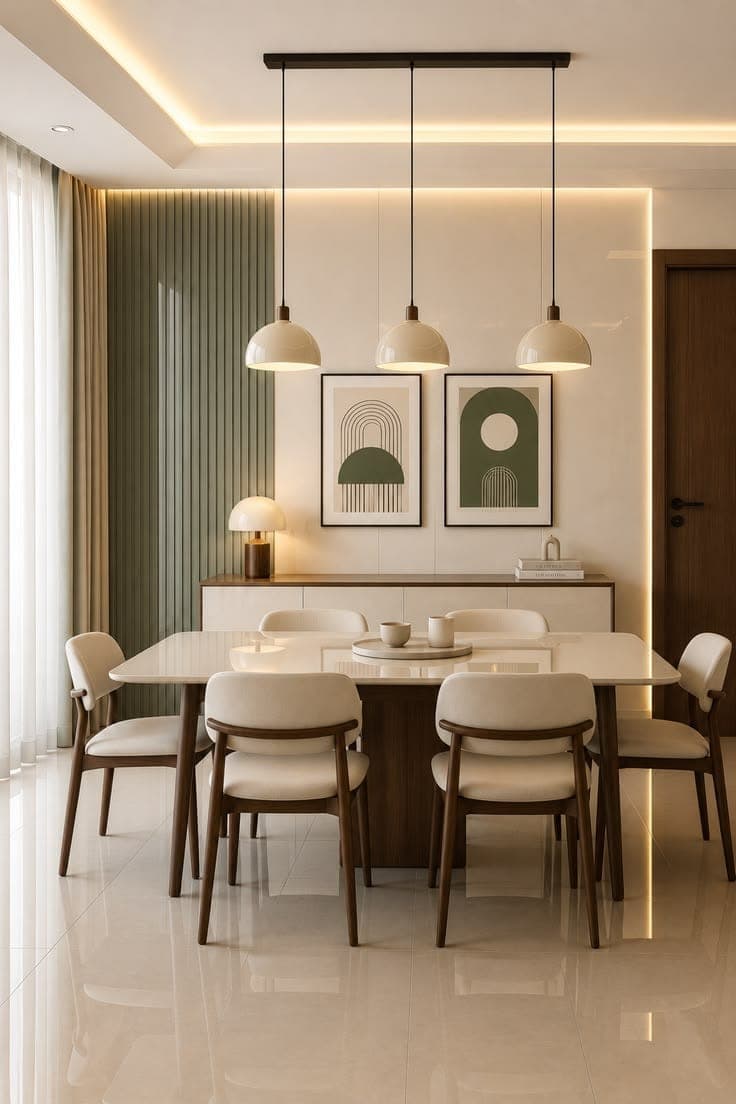 Dining room with a decorative feature wall, pendant lighting and upholstered dining chairs