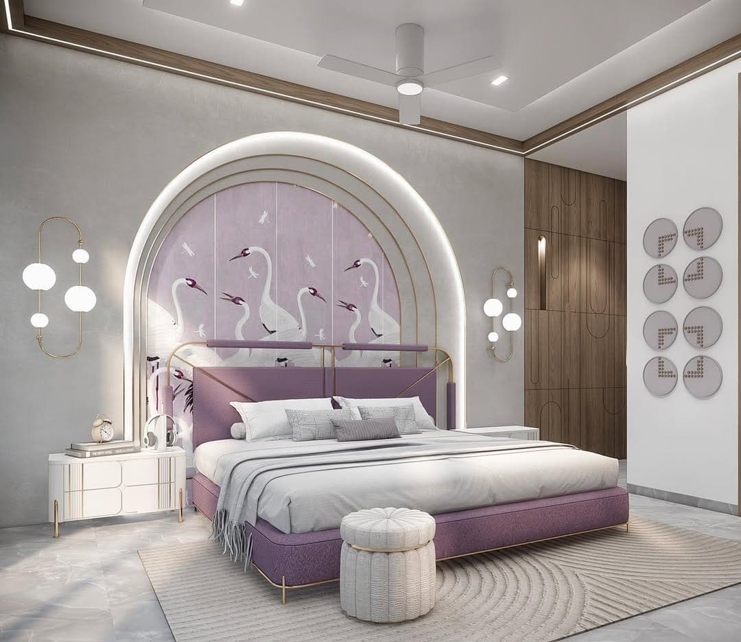Kids bedroom with a lilac arched headboard, swan wall mural and a fitted lilac wardrobe