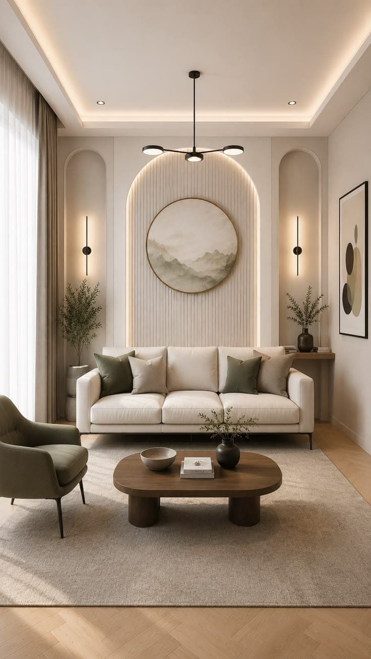 Living room with arched architectural detailing, cream seating and layered pendant lighting