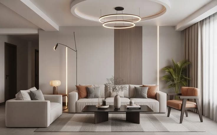 Living room with a ring chandelier, a long sectional sofa and full-height wood panelling