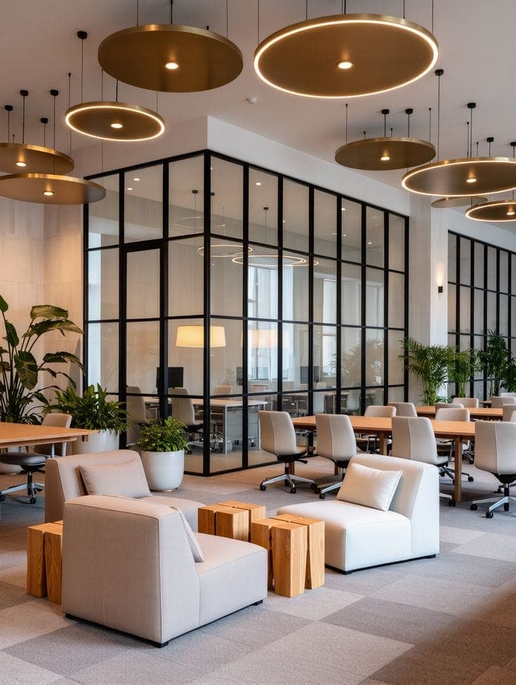 Office lounge with a glazed meeting room, gold disc pendant lights and soft breakout seating