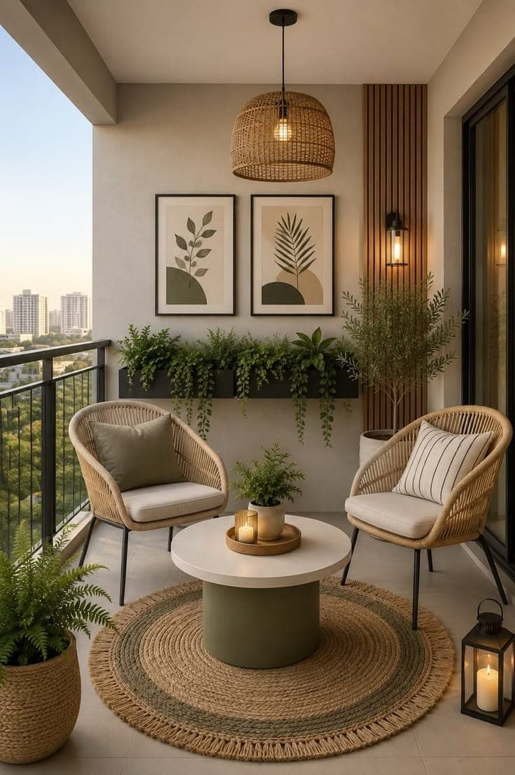 Balcony terrace with rattan lounge chairs, a round side table and an evening city view