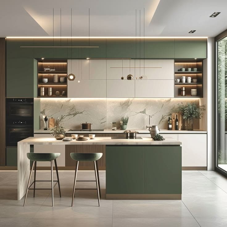 Modular kitchen in sage green with a breakfast island, bar stools and a marble backsplash