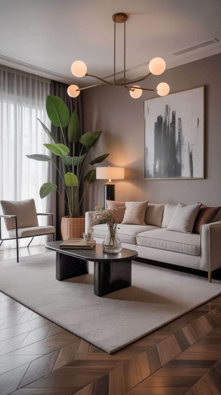 Living room with a globe-cluster chandelier, herringbone timber flooring and a cream sofa
